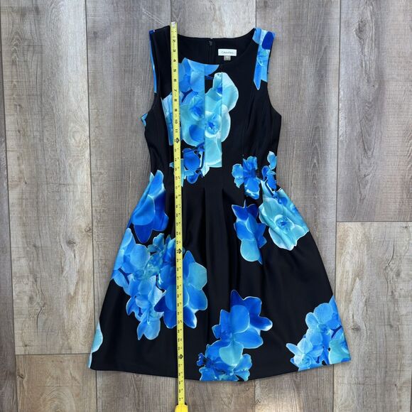 Calvin Klein Blue Black Sleeveless Floral Fit & Flare Cocktail Dress Sz 8 Spring - Picture 10 of 11